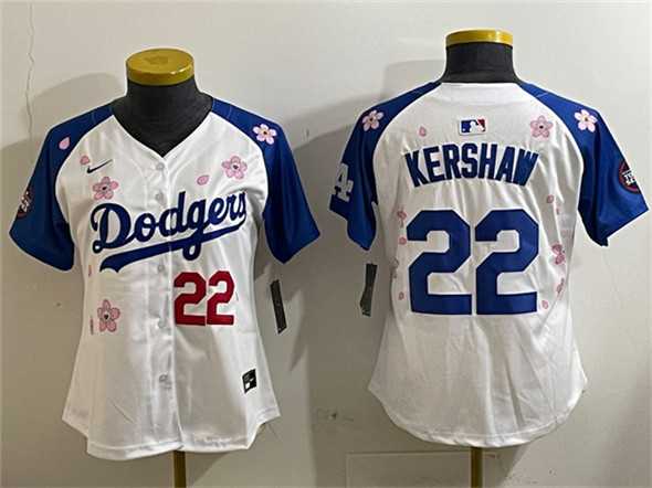 Womens Los Angeles Dodgers #22 Clayton Kershaw White Royal 2025 Tokyo Series Limited Stitched Jersey